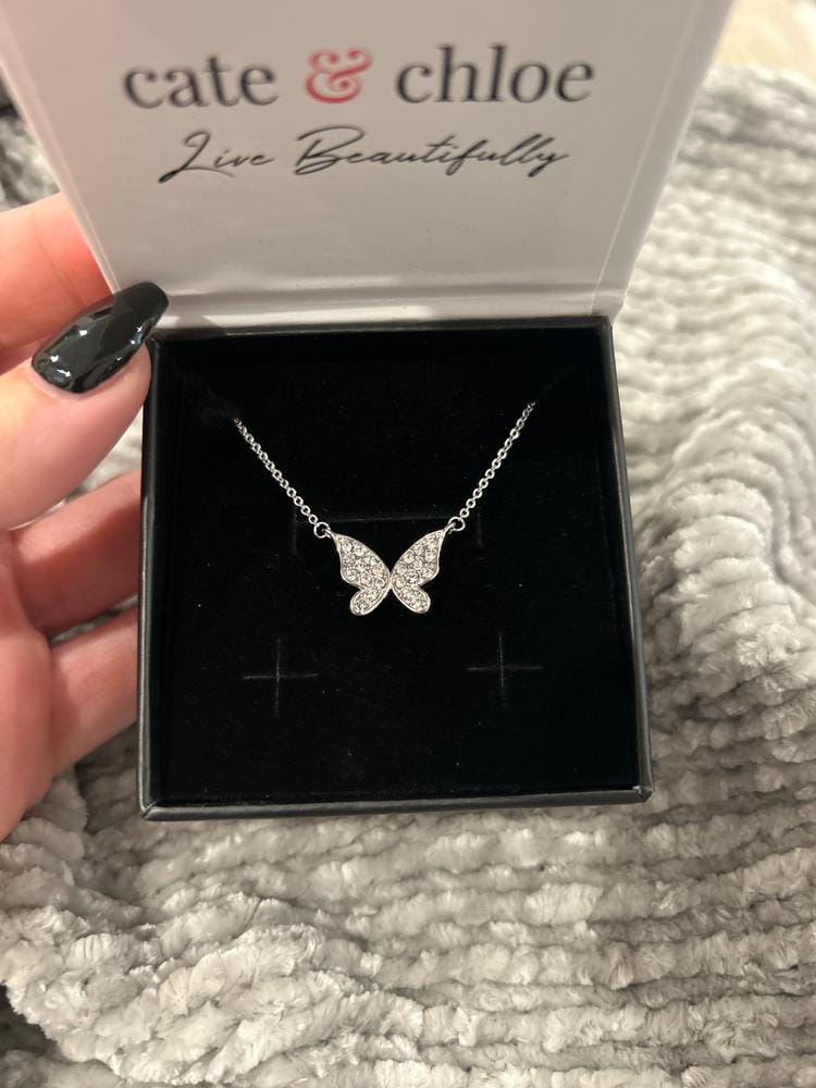 Customer photo review of Yuenen 18k White Gold Plated Butterfly Necklace with Swarovski Crystals & Heartfelt Message for Daughter