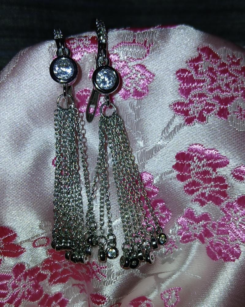 Customer photo review of Jackie 18k White Gold Plated Dangle Tassel Earrings with Simulated Diamond Crystals