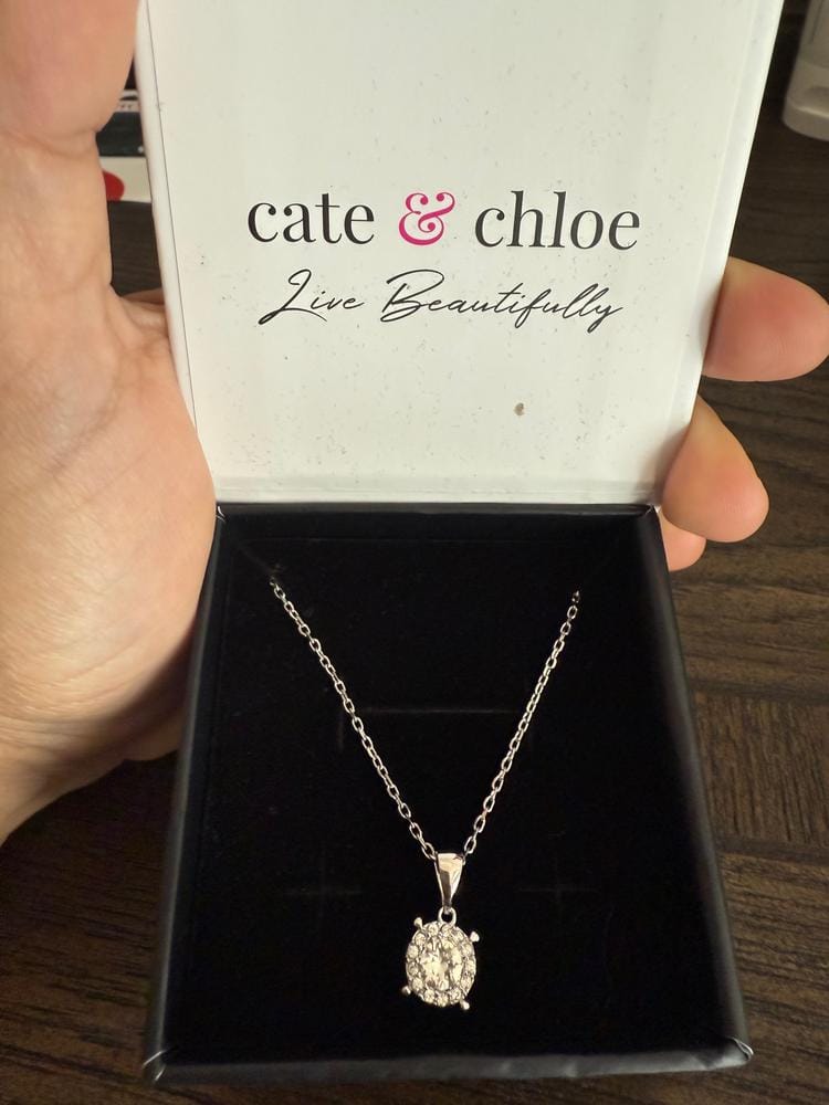 Customer photo review of Raylee 18k White Gold Plated Halo Pendant Necklace with Swarovski Crystals