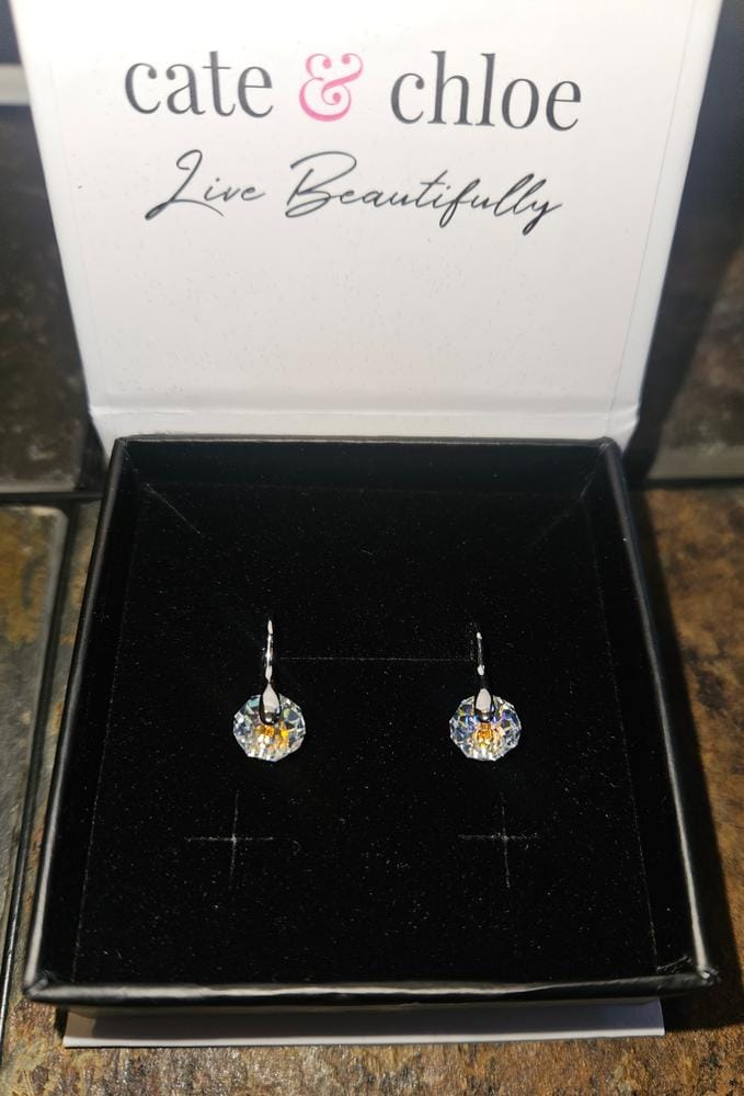 Customer photo review of Destiny 18k White Gold Plated Drop Earrings with Swarovski Crystals