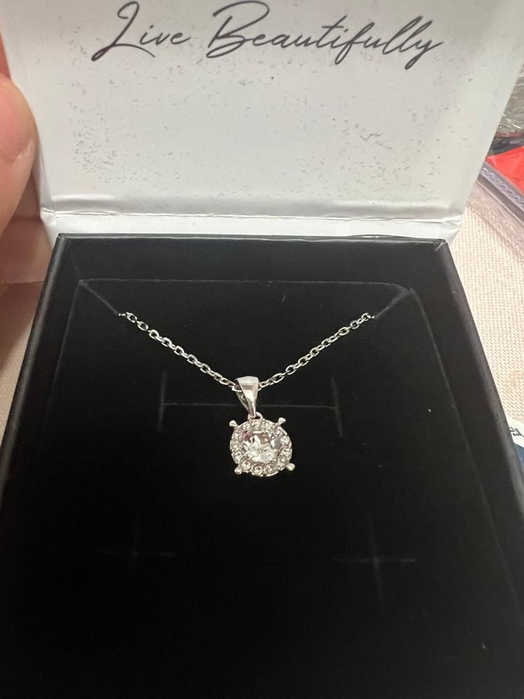 Customer photo review of Raylee 18k White Gold Plated Halo Pendant Necklace with Swarovski Crystals