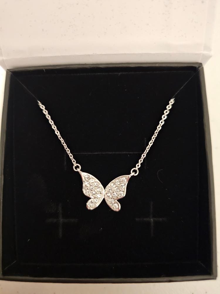 Customer photo review of Yuenen 18k White Gold Plated Silver Butterfly Necklace with Swarovski Crystals