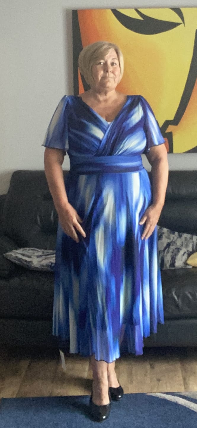 Customer photo review of Victoria Blue Ikat Angel Sleeve Mesh Long Midi Dress