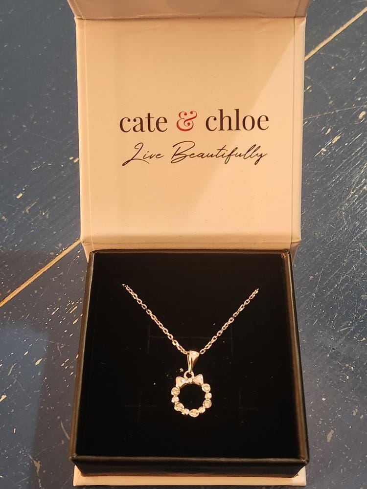 Customer photo review of Edith 18k White Gold Plated Silver Ribbon Necklace with Swarovski Crystals