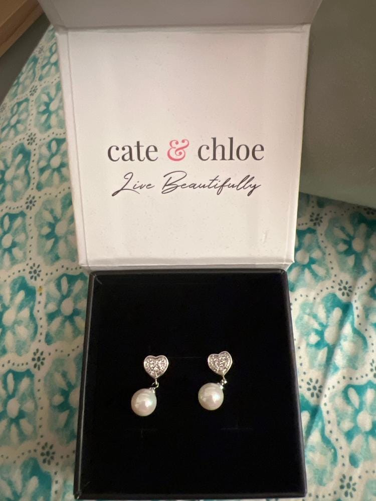 Customer photo review of Kenley 18k White Gold Plated Heart Dangle Earrings with Pearls and Swarovski Crystals - Fab Fav
