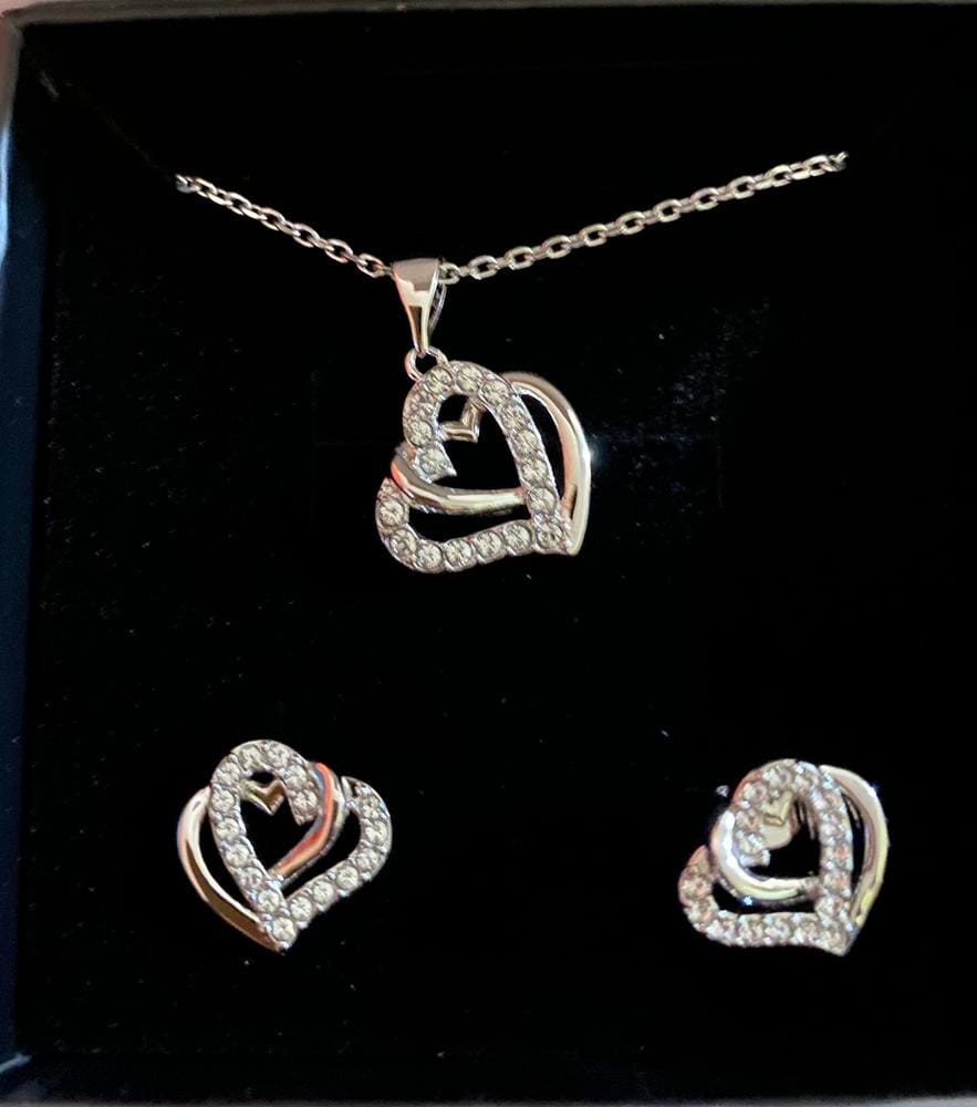 Customer photo review of Angela 18k White Gold Plated Double Heart Stud Earrings and Necklace Set with Swarovski Crystals