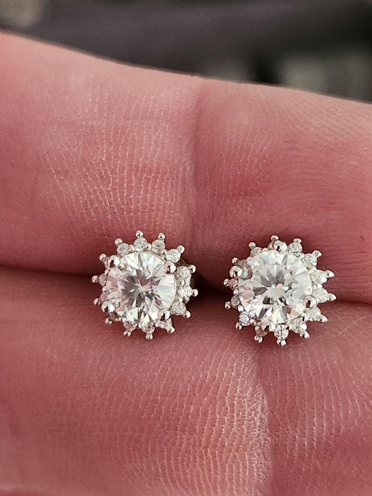 Customer photo review of Moissanite by Cate & Chloe Starla 18k Gold Plated 925 Sterling Silver Stud Earrings 1.14tcw