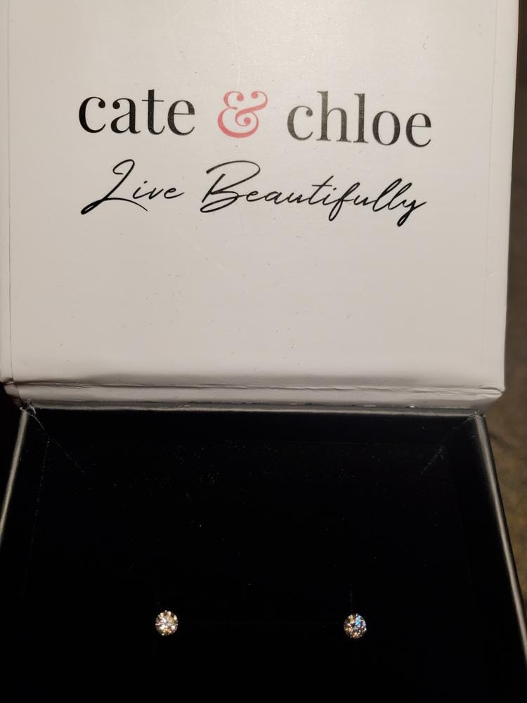 Customer photo review of Moissanite by Cate & Chloe Vera 18k Gold Plated 925 Sterling Silver Stud Earrings 0.2tcw