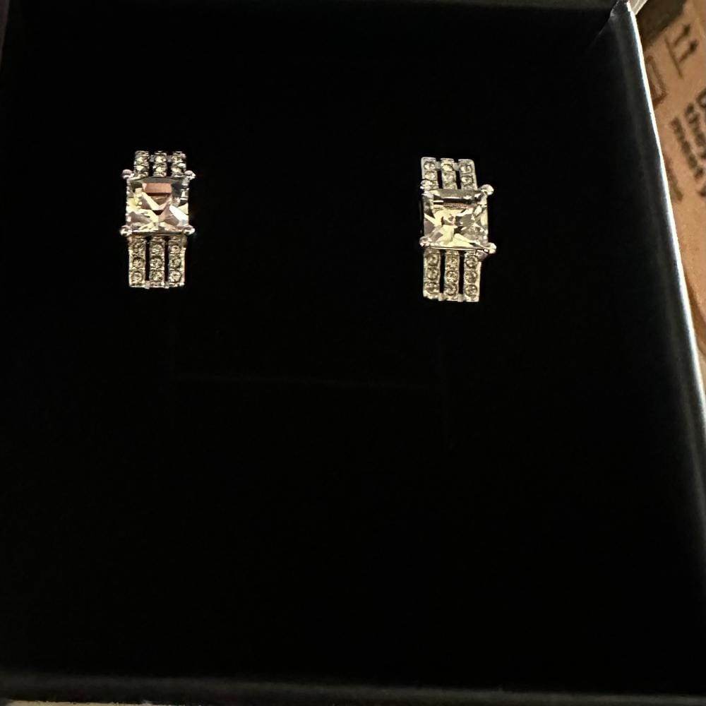 Customer photo review of Fiona 18k White Gold Stud Plated Earrings with Princess Cut Swarovski Crystals