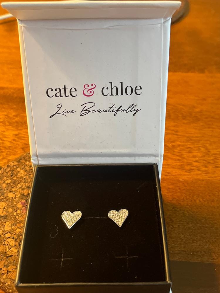Customer photo review of Cecilia 18k White Gold Plated Silver Heart Stud Earrings with Swarovski Crystals