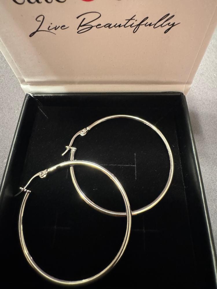 Customer photo review of Monica 18k White Gold Plated 10mm/40mm/50mm Hoop Earrings