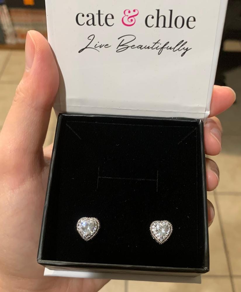Customer photo review of Coraline 18k White Gold Plated Silver Heart Stud Earrings with Simulated Diamond Crystals