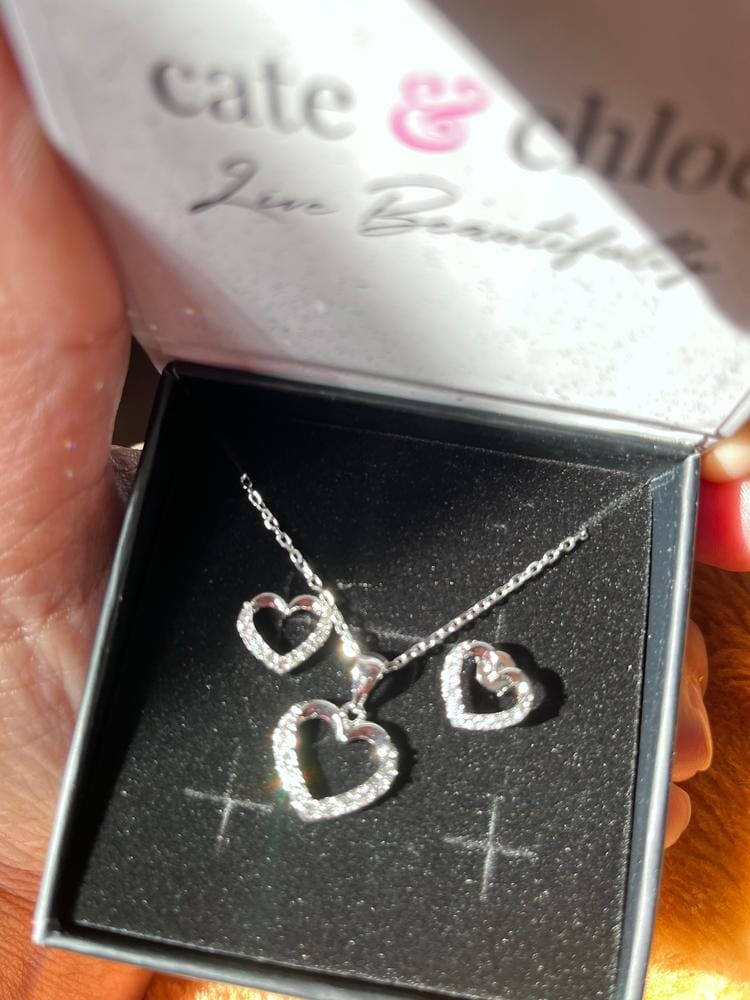Customer photo review of Chelsea 18k White Gold Plated Silver Heart Necklace and Earring Set with Swarovski Crystals