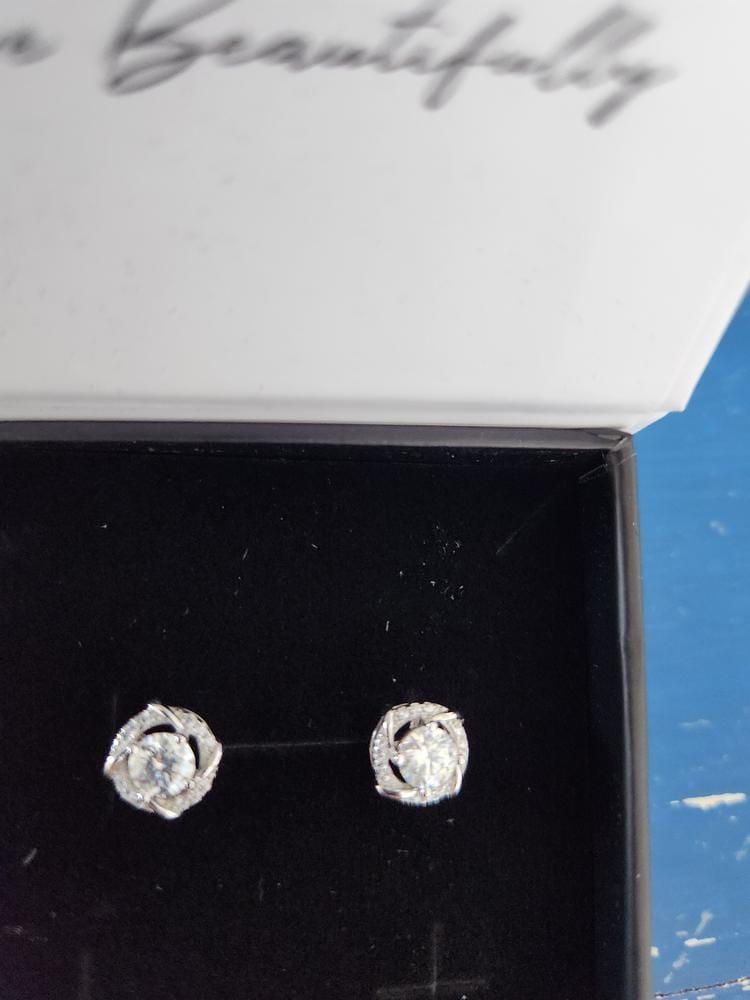 Customer photo review of Moissanite by Cate & Chloe Jemma 18k Gold Plated 925 Sterling Silver Stud Earrings 1.12tcw