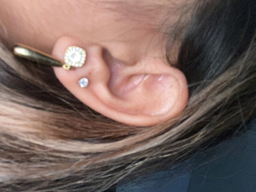 Customer photo review of Ruth 18k White Gold Plated Halo Stud Earrings with Swarovski Crystals