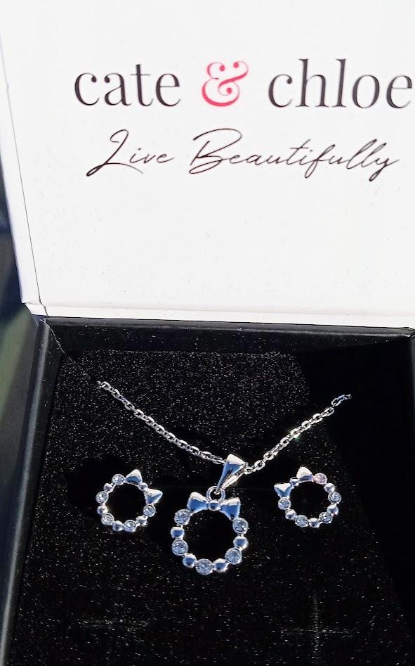 Customer photo review of Edith 18k White Gold Plated Silver Ribbon Necklace and Earring Set with Swarovski Crystals