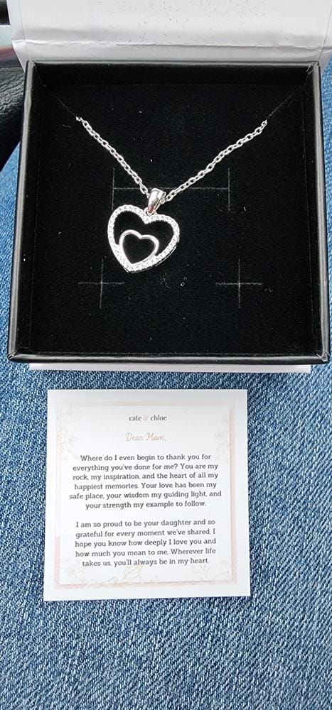 Customer photo review of Amorette 18k White Gold Plated Double Heart Pendant Necklace with Simulated Diamond Crystals & Heartfelt Message for Mom