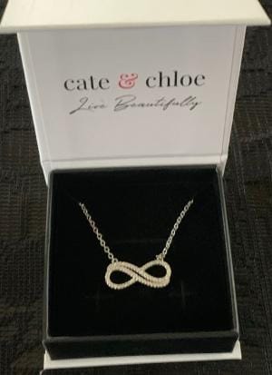 Customer photo review of Tansy 18k White Gold Plated Infinity Pendant Necklace with Simulated Diamond Crystals
