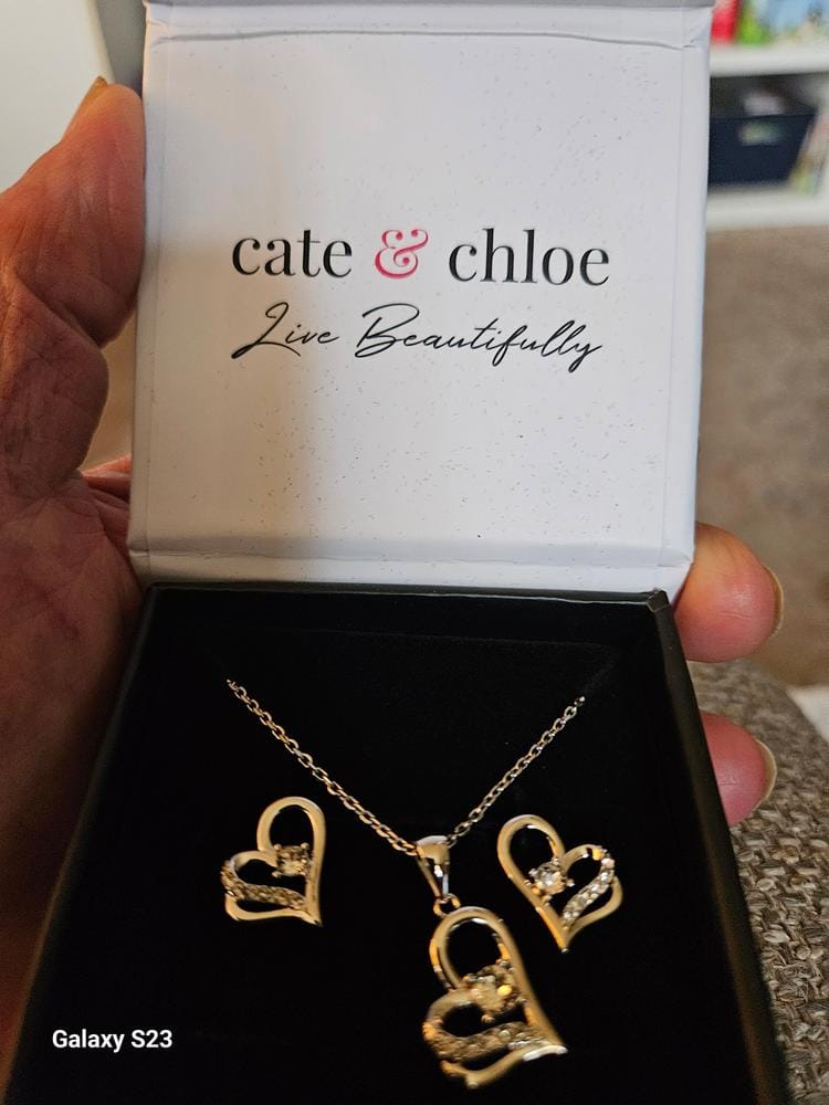 Customer photo review of Kara 18k White Gold Plated Silver Heart Necklace and Earring Set with Swarovski Crystals