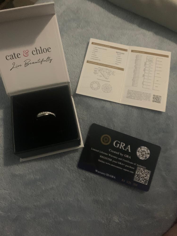Customer photo review of Moissanite by Cate & Chloe Emerson 0.36tcw Round Cut 925 Sterling Silver 18k White Gold Plated Wedding Band