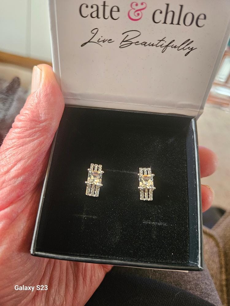 Customer photo review of Fiona 18k White Gold Stud Plated Earrings with Princess Cut Swarovski Crystals