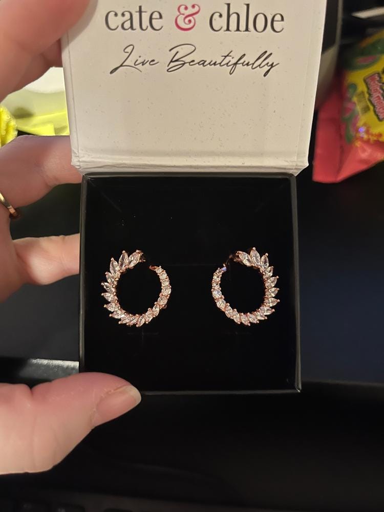 Customer photo review of Adelyn 18k Gold Plated Sideways Hoop Earrings with Simulated Diamond Crystals — Final Sale
