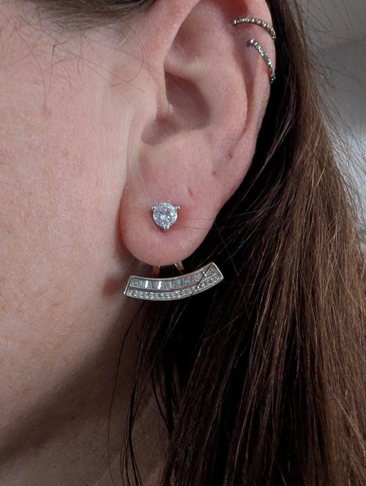 Customer photo review of Aria 18k White Gold Plated Silver Drop Earrings with Simulated Diamond Crystals — Final Sale