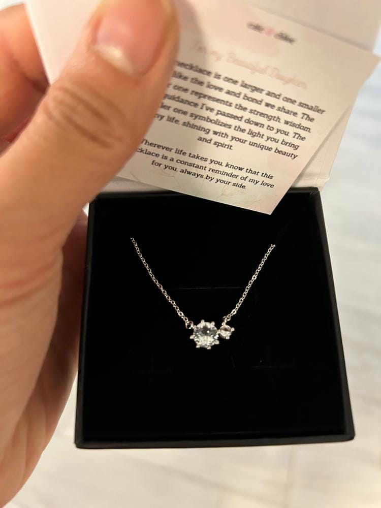 Customer photo review of Emma 18k White Gold Plated 2-Stone Pendant Necklace with Swarovski Crystals & Heartfelt Message for Daughter