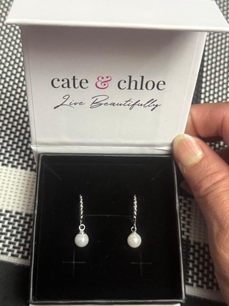 Customer photo review of Cheyanne 18k White Gold Plated 16mm Twisted Half Hoop Drop Pearl Earrings
