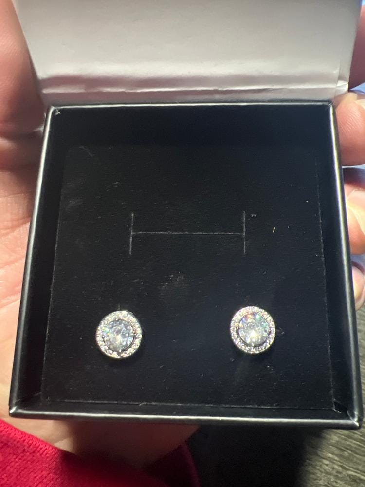 Customer photo review of Gwendolyn 18k White Gold Plated Halo Stud Earrings with Round Cut Simulated Diamond Crystals - Final Sale