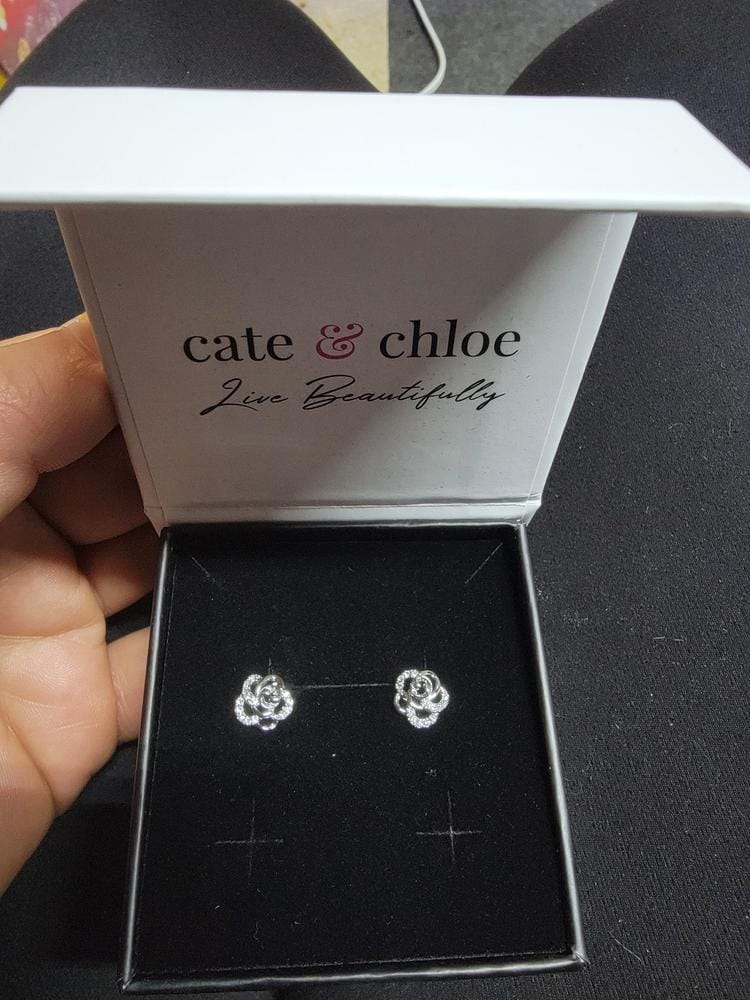 Customer photo review of Briella 18k White Gold Plated Silver Flower Stud Earrings with Swarovski Crystals