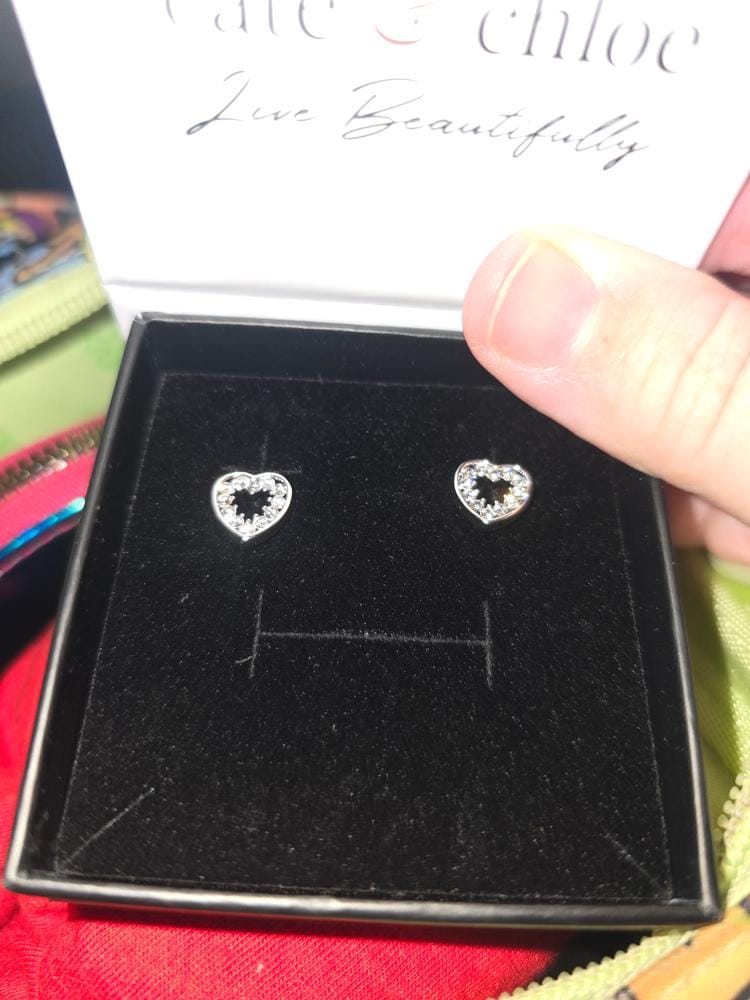 Customer photo review of Coraline 18k White Gold Plated Silver Heart Stud Earrings with Simulated Diamond Crystals