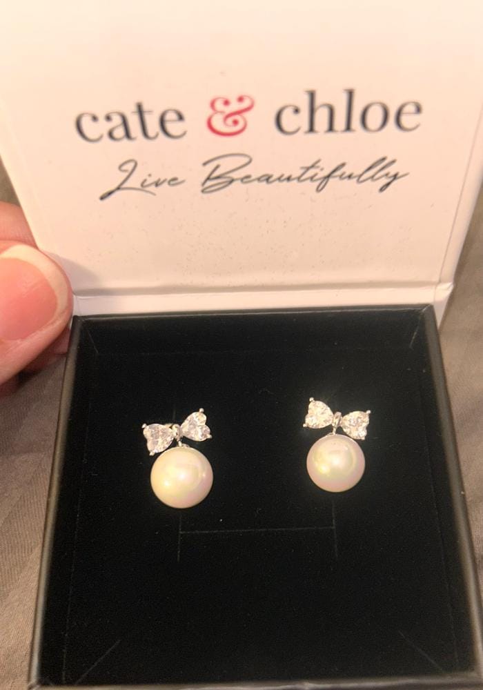 Customer photo review of Oakley 18k White Gold Plated Silver Drop Pearl Earrings with Swarovski Crystals