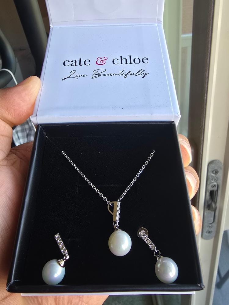 Customer photo review of Gabrielle 18k White Gold Plated Pearl Drop Earrings with Swarovski Crystals