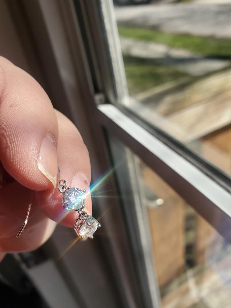 Customer photo review of Moissanite by Cate & Chloe Talia 18k Gold Plated 925 Sterling Silver Dangle Earrings 2.0tcw