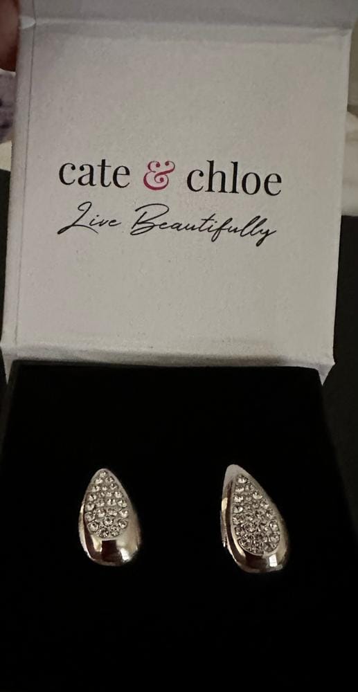Customer photo review of Sally 18k White Gold Plated Tear drop Stud Earrings with Swarovski Crystals