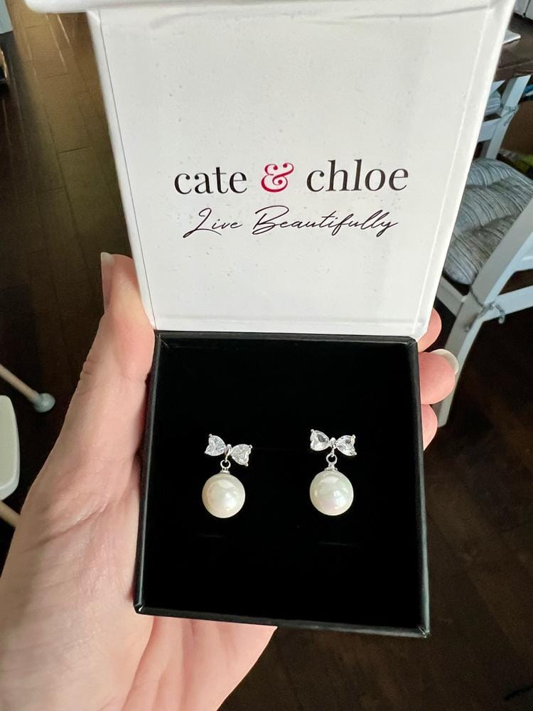 Customer photo review of Oakley 18k White Gold Plated Silver Drop Pearl Earrings with Swarovski Crystals