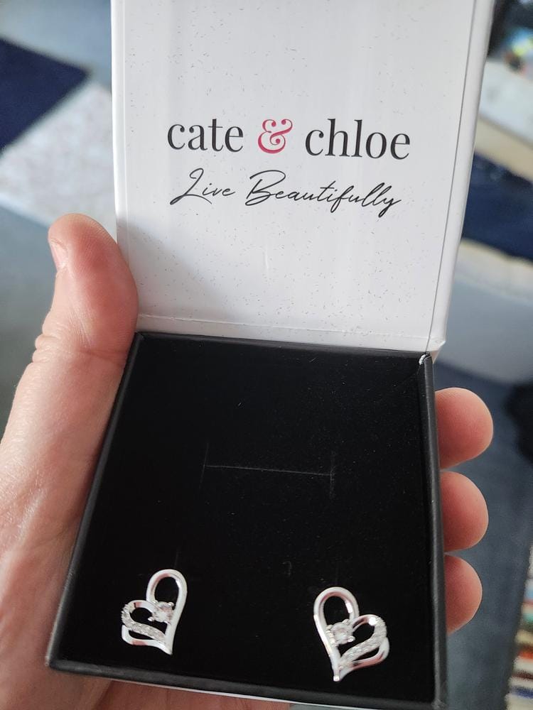 Customer photo review of Kara 18k White Gold Plated Silver Heart Stud Earrings with Swarovski Crystals