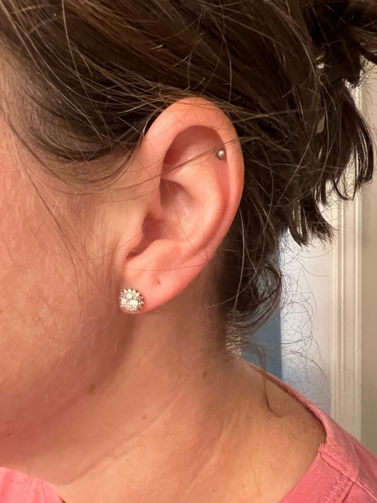 Customer photo review of Moissanite by Cate & Chloe Starla 18k Gold Plated 925 Sterling Silver Stud Earrings 1.14tcw