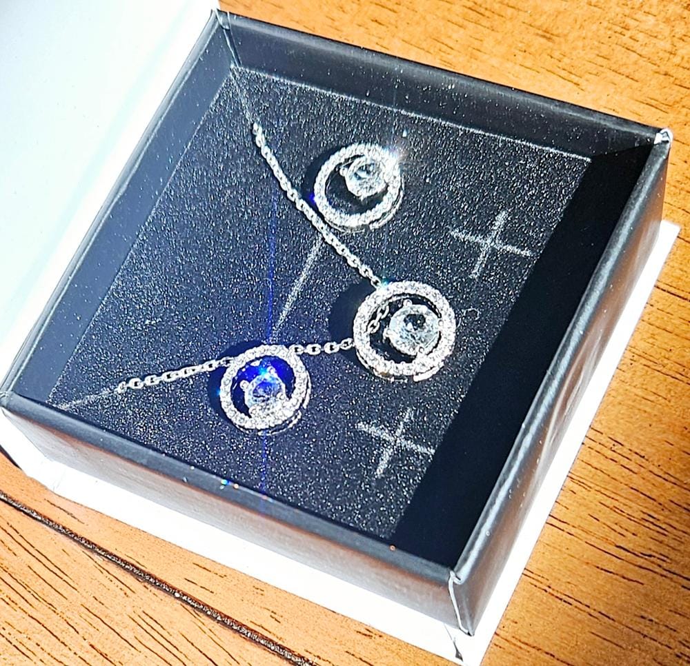 Customer photo review of Reign 18k White Gold Plated Halo Drop Stud Earrings with Swarovski Crystals