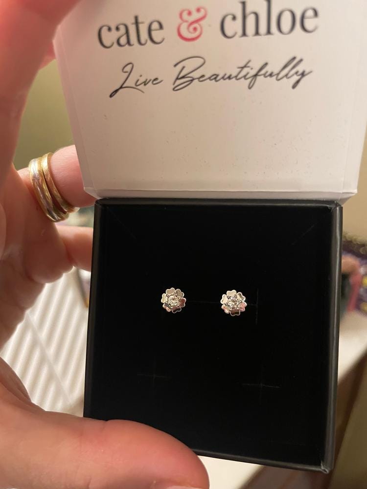 Customer photo review of Khloe 18k White Gold Plated Flower Heart Earrings with Crystals