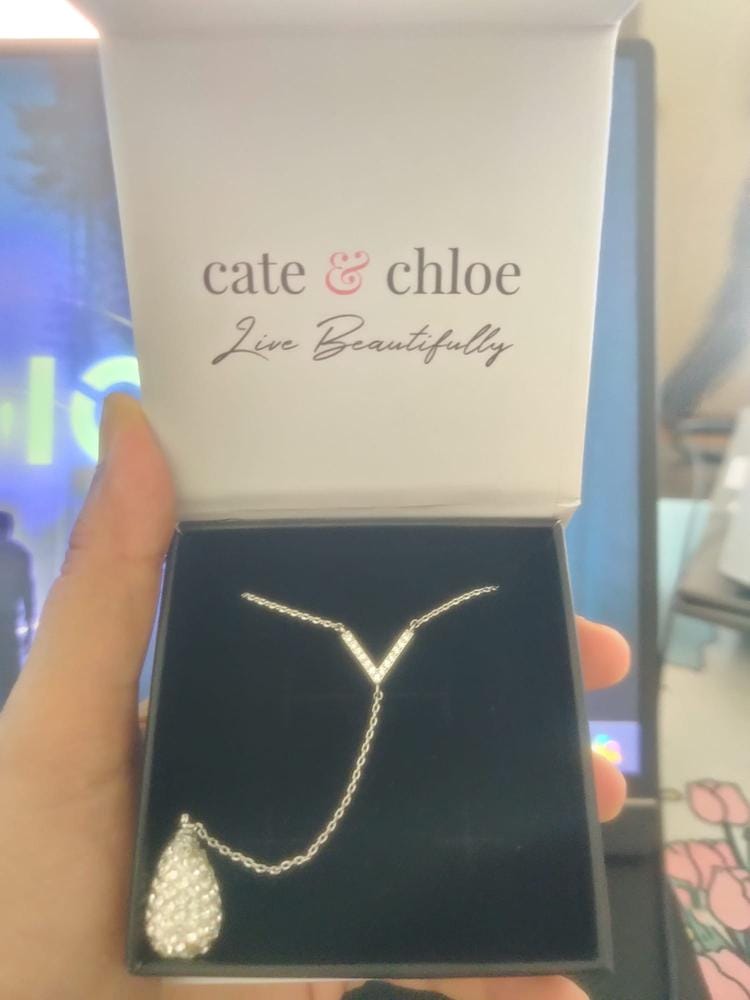 Customer photo review of Ava 18k White Gold Plated Tear drop Y-Necklace with Simulated Diamond Crystals - Final Sale