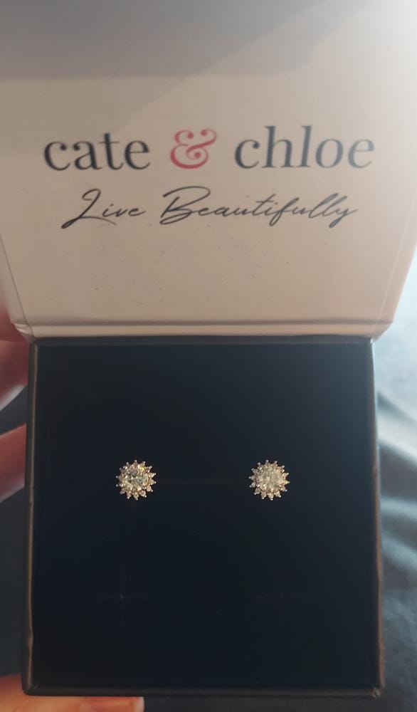 Customer photo review of Moissanite by Cate & Chloe Starla 18k Gold Plated 925 Sterling Silver Stud Earrings 1.14tcw