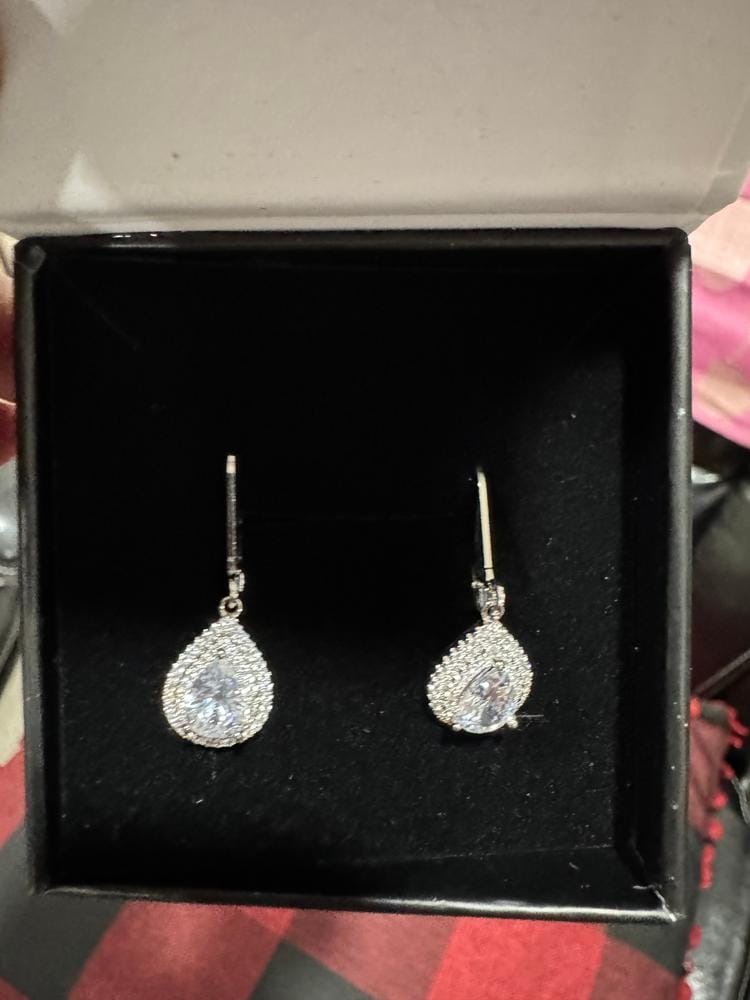Customer photo review of Aurelia 18k White Gold Plated Tear Drop Earrings with Simulated Diamond Crystals