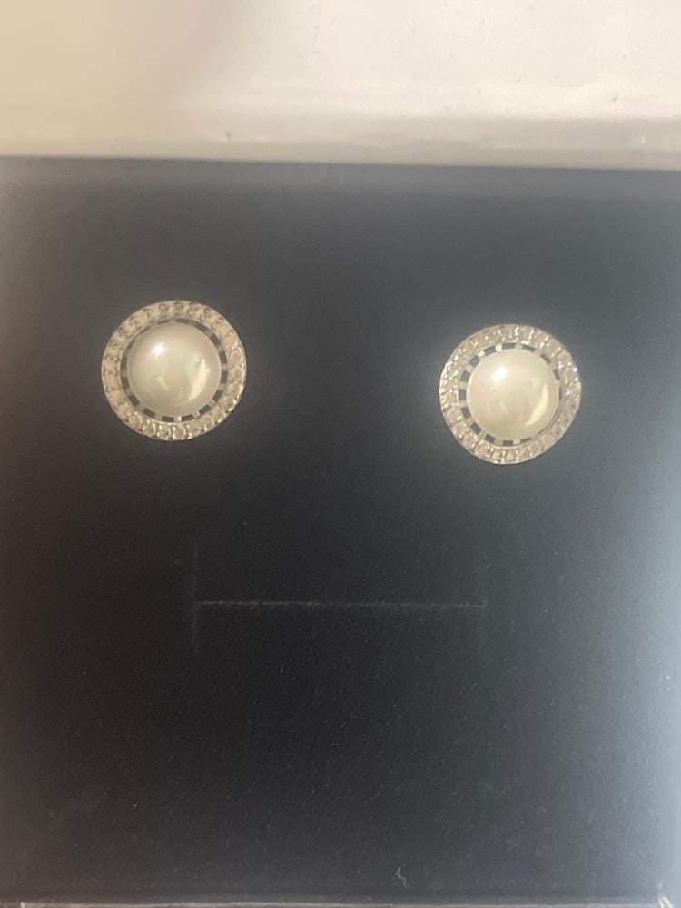 Customer photo review of Nina 18k White Gold Plated Pearl Halo Stud Earrings with Swarovski Crystals