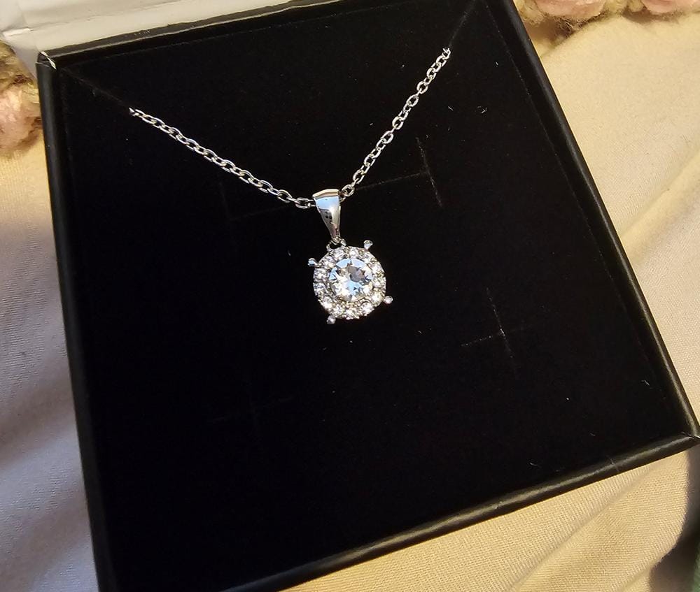 Customer photo review of Raylee 18k White Gold Plated Halo Pendant Necklace with Swarovski Crystals