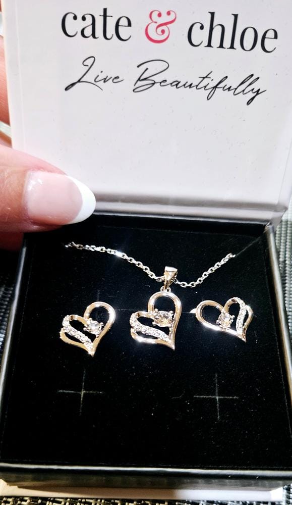 Customer photo review of Kara 18k White Gold Plated Silver Heart Necklace and Earring Set with Swarovski Crystals