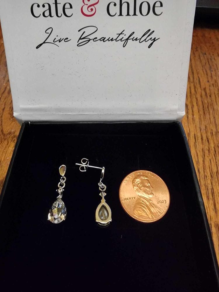 Customer photo review of Zoey 18K White Gold Drop Earrings with Swarovski Crystals — Final Sale