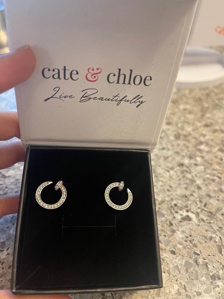 Customer photo review of Raven 18k White Gold Plated Circle Drop Stud Earrings with Swarovski Crystals - Final Sale