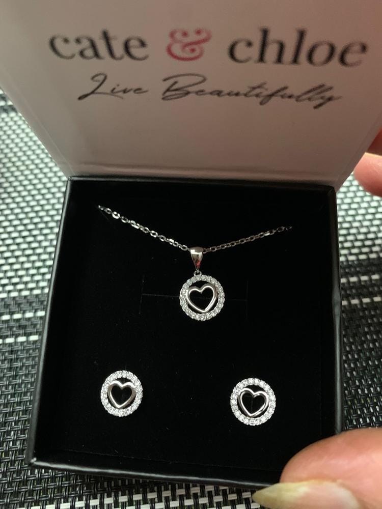 Customer photo review of Khaleesi 18k White Gold Plated Silver Heart Necklace and Earring Set with Swarovski Crystals